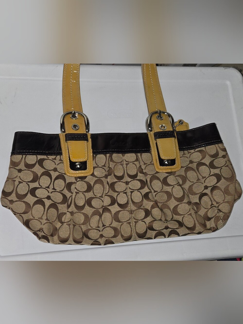 Vintage Coach Signature Soho Tote in Tan with Yellow Trim